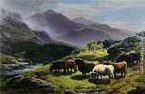 Mountain Canvas Paintings - Highland Cattle Grazing by a Mountain Stream